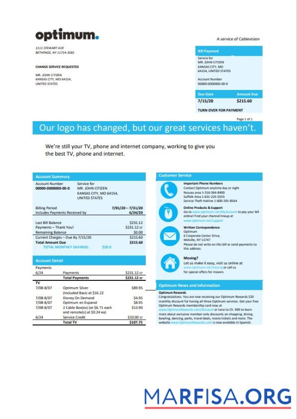 Printable USA New York Optimum cablevision bill template in Word and PDF format